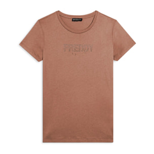 T-shirt donna con mini spacchi laterali e logo in strass