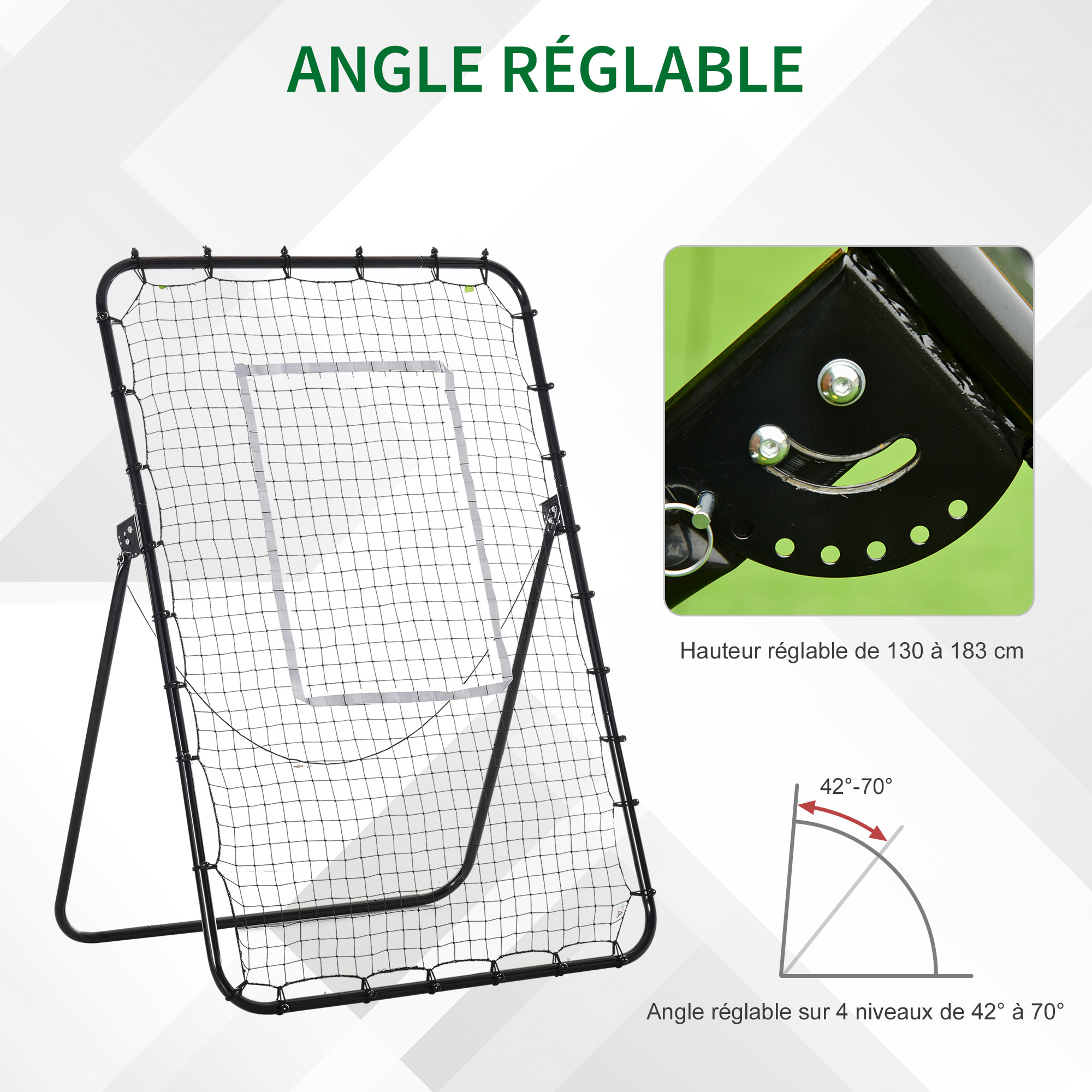 Filet de rebond de football pliable - inclinaison réglable 4 positions hauteur réglable - cible, piquets d'ancrage inclus - filet PE métal époxy noir