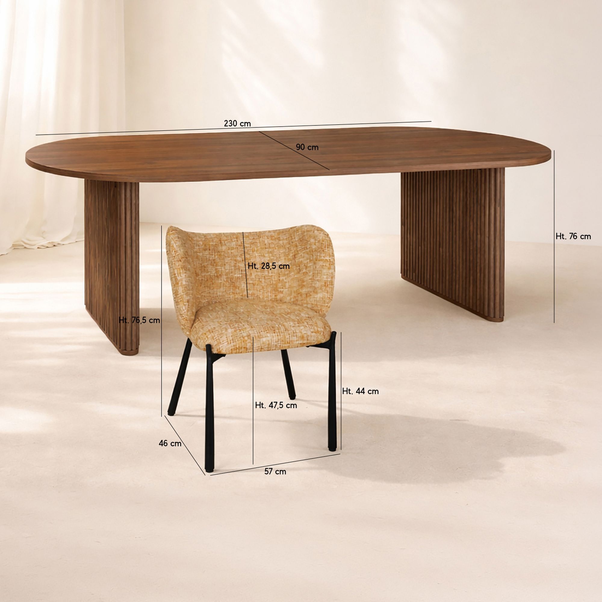 Ensemble table à effet noyer et 6 fauteuils en tissu ocre  SUZAN