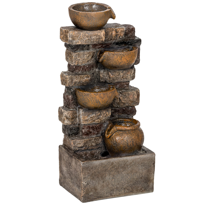Fontaine extérieure cascade 5 niveaux pichets led résine marron vieilli