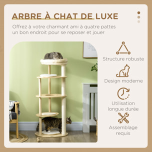 Arbre à chat style nordique griffoir sisal naturel 4 plateformes coussins panier d'observation amovible bois pin panneaux bois clair