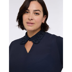 Fiorella Rubino - T-shirt bimaterica con colletto prezioso - Blu