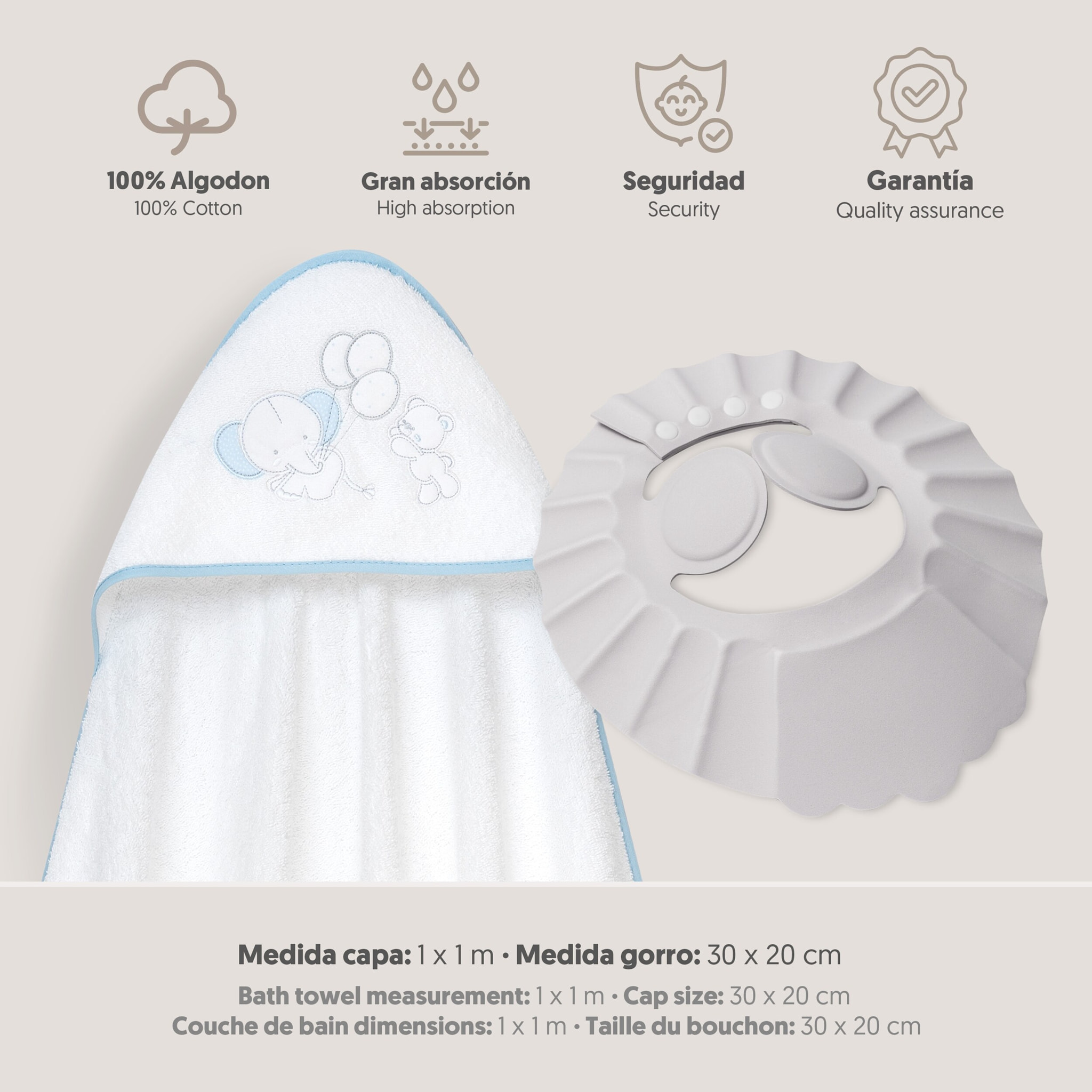 Capa Baño 1X1 Mod Oso Elefante Globos+Gorro Bco/Azul