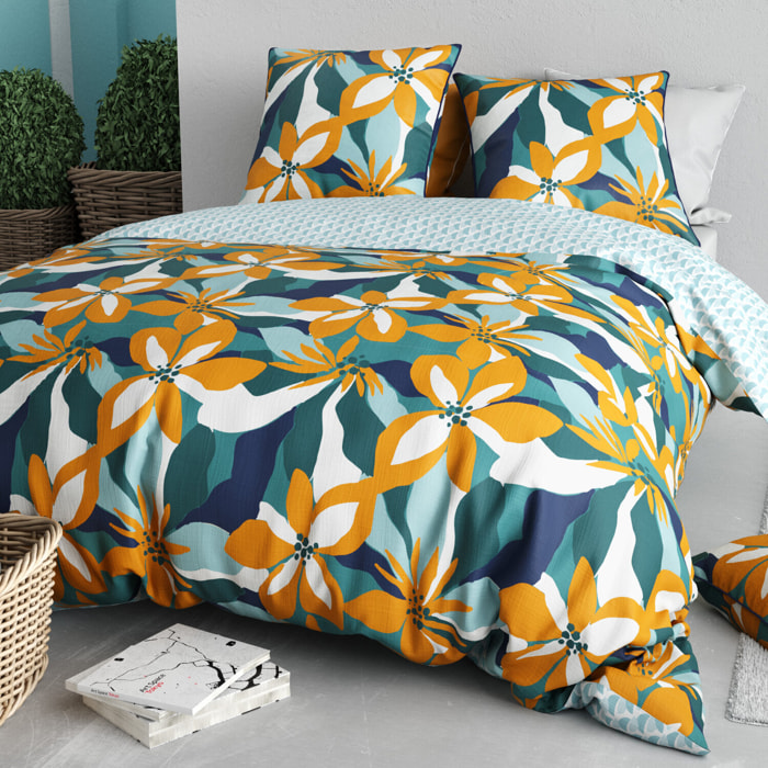 Parure housse de couette imprimé 100% percale de coton - flore - orange