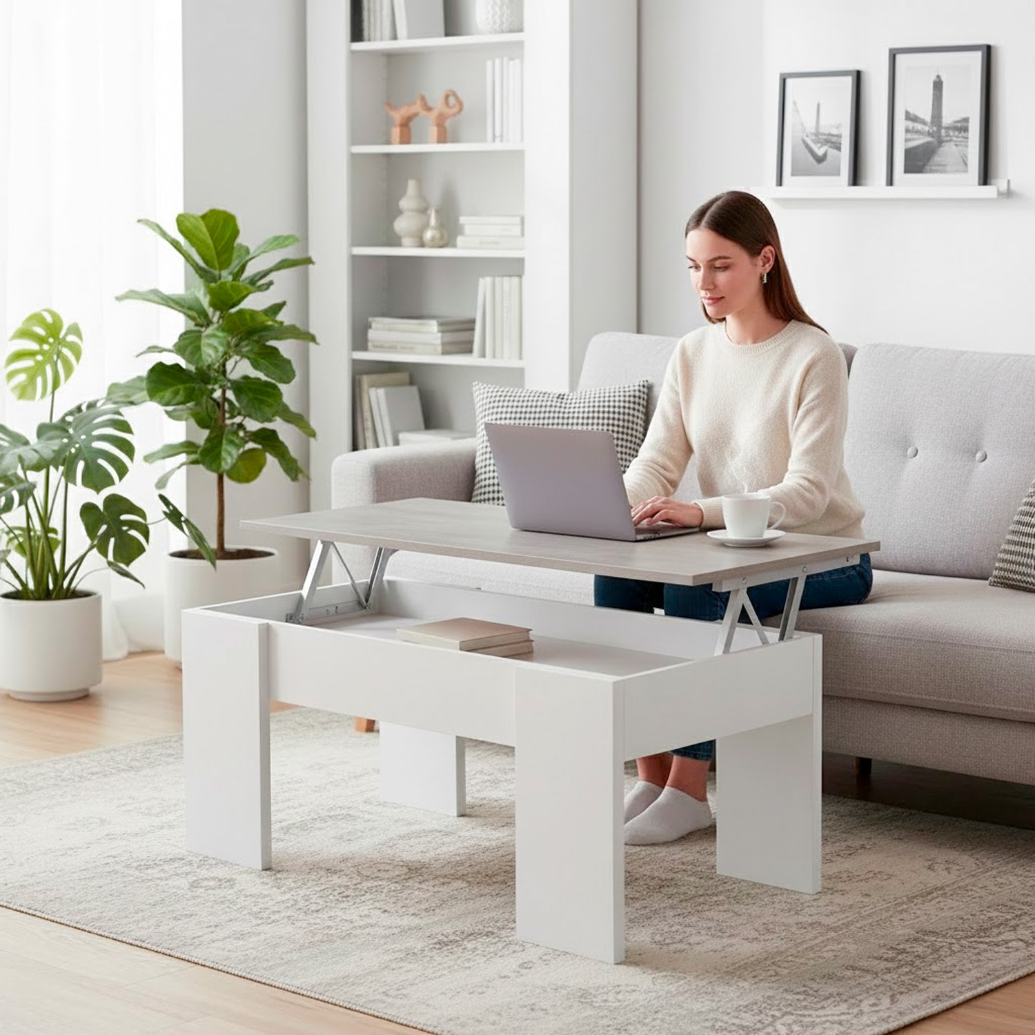 Tavolino Da Caffè Sollevabile Con Contenitore Tavolo Salvaspazio Piano Alzabile Soggiorno Salotto Vano Portaoggetti 100x69x57 Cm Bianco Grigio Cemento