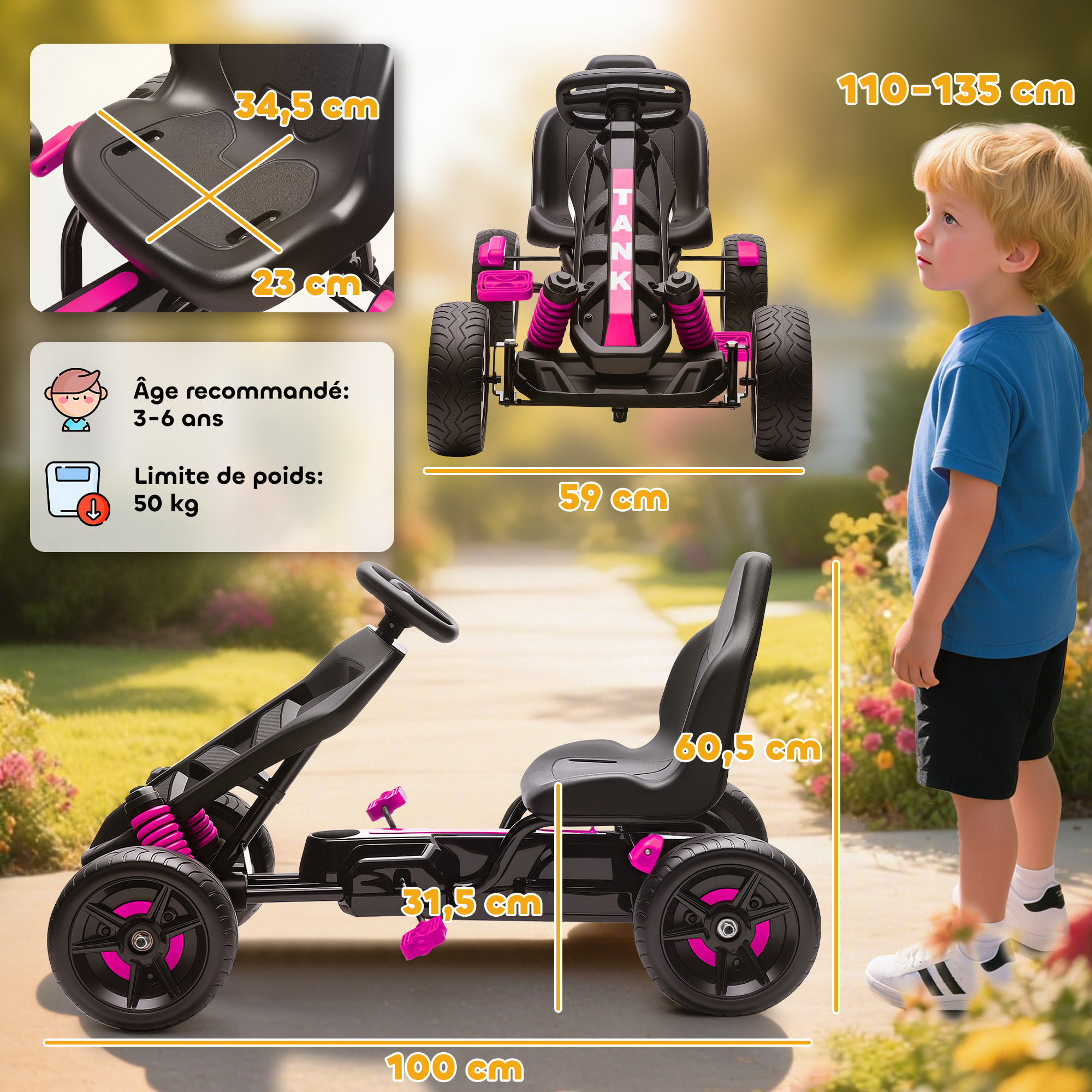 Kart à pédales enfant - Go Kart - carter chaine fermé - marche AV AR - métal plastique noir rose