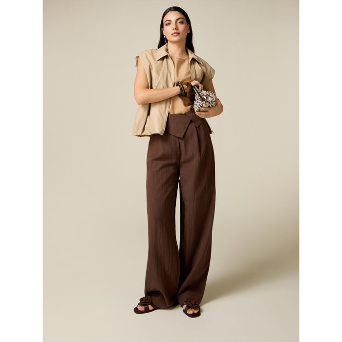 Oltre - Pantaloni palazzo con vita ripiegata - Marrone