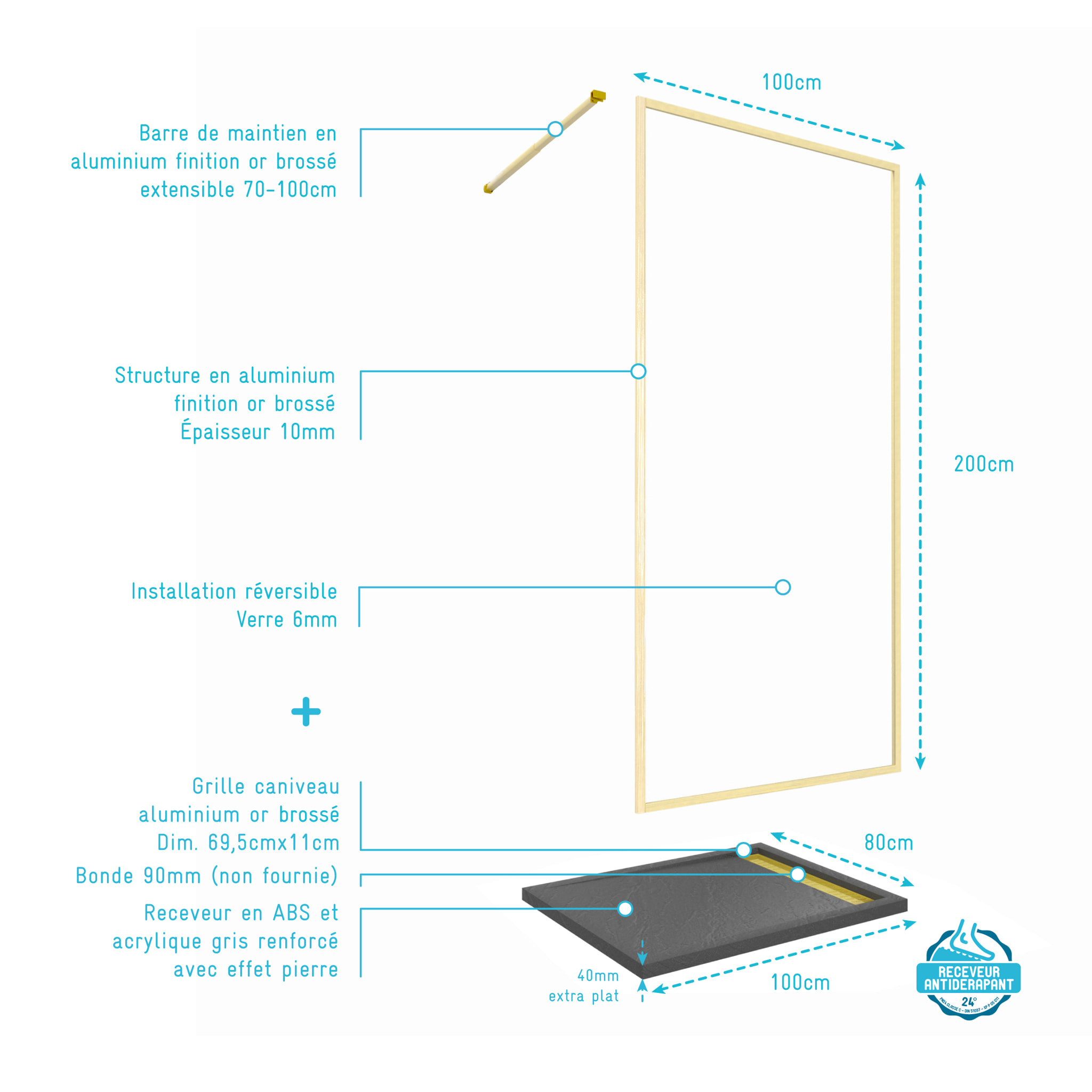Paroi de Douche 100x200cm + Grille Finition Or Doré Brossé + Receveur gris effet pierre 100x80x4cm