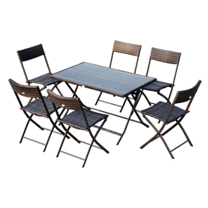 Ensemble salon de jardin 6 personnes grande table rectangulaire pliable + 6 chaises pliantes métal résine tressée PS chocolat