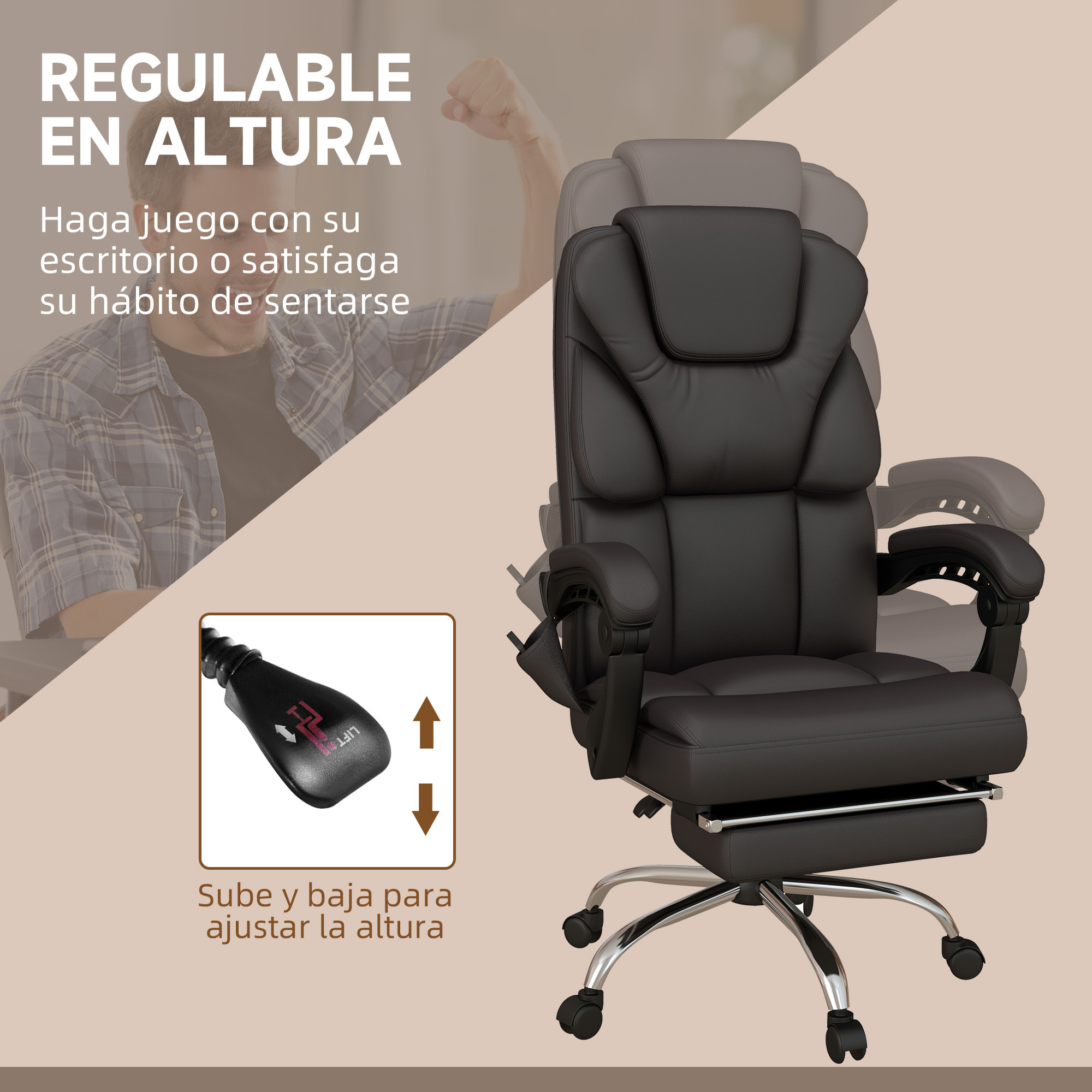 Silla de Oficina con 6 Puntos de Masaje Silla Ejecutiva Reclinable de PU con Control Remoto Altura Ajustable Respaldo Alto Reposapiés y Bolsillo 63x57x118-126 cm Marrón