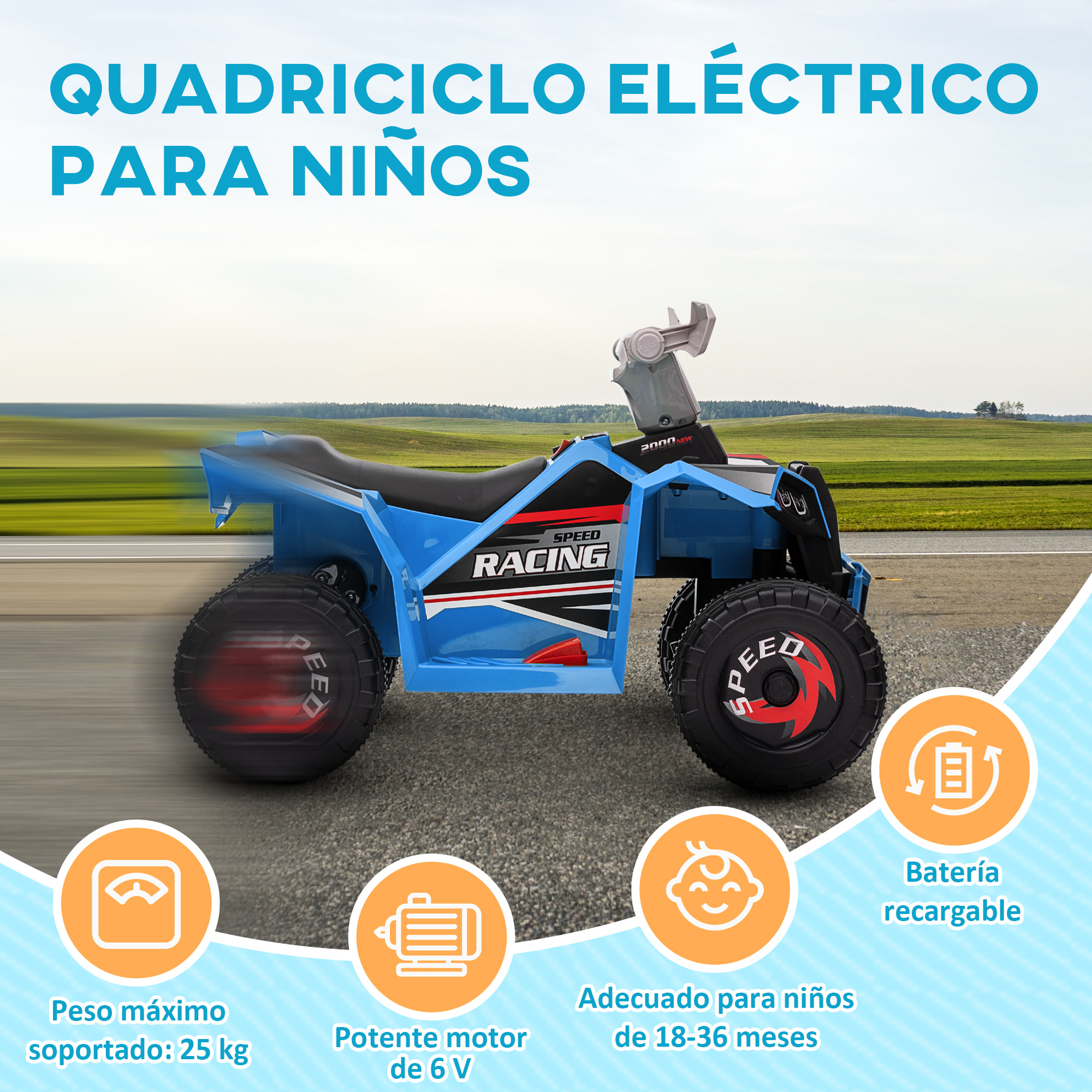 Quad Eléctrico para Niños de 18-36 Meses Vehículo Eléctrico a Batería 6V con Avance y Retroceso Velocidad de 2,5 km/h 70x41,5x48,5 cm Azul