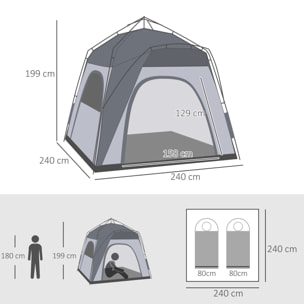 Tente de camping familiale 4 personnes montage instantanée pop-up 4 fenêtres pare-soleil dim. 2,4L x 2,4l x 1,95H m fibre verre polyester gris