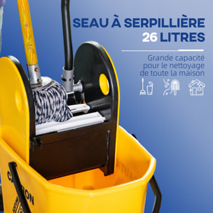 Chariot de nettoyage lavage seau de ménage 26L avec essoreur - 4 roulettes, poignées - métal PP jaune noir