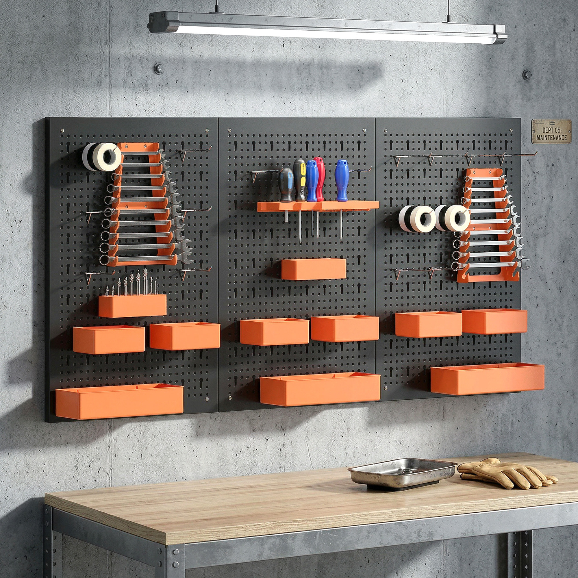 Organizador de Herramientas de Pared de 33 Piezas 120x60 cm, Paneles de Herramientas de Pared con Ganchos, Contenedores y Estantes, para Garajes, Negro y Naranja