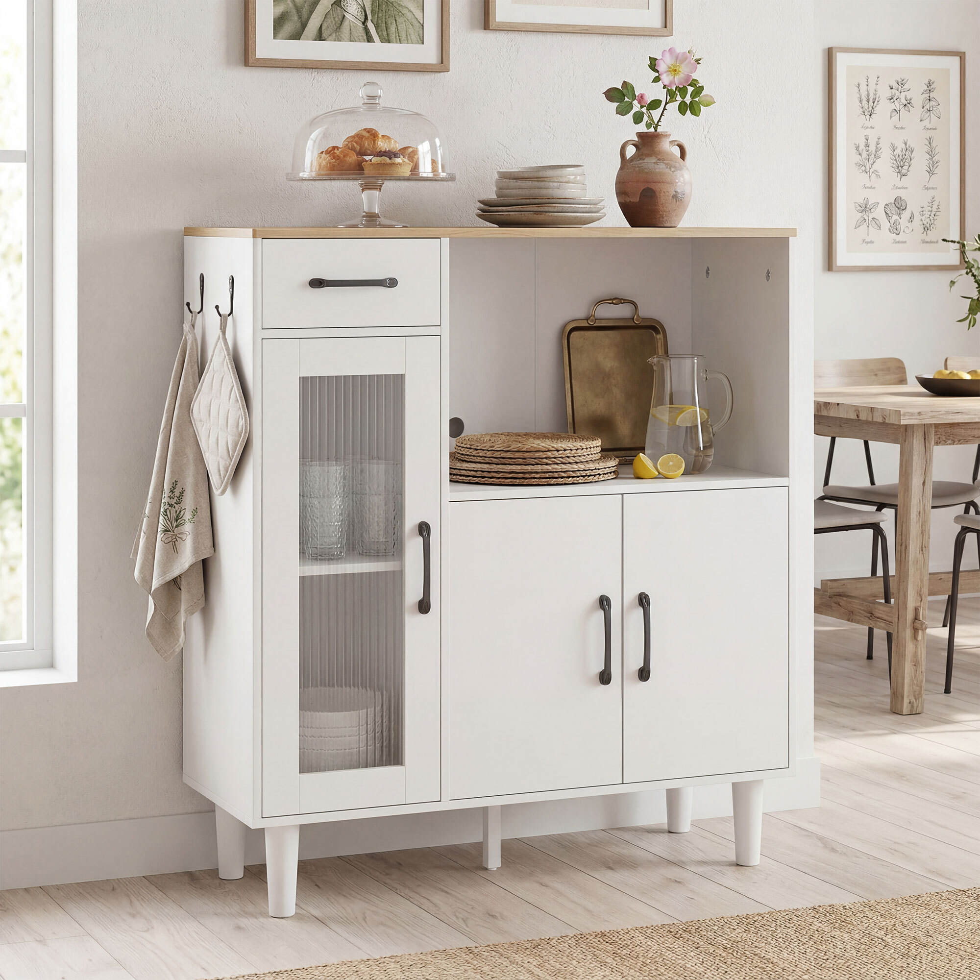 Aparador, Armario de Cocina Moderno con Puerta de Acrílico, Cajón, Estante Ajustable, Compartimento Abierto, Aparador para Cocina, Comedor, 80x34x91 cm, Blanco