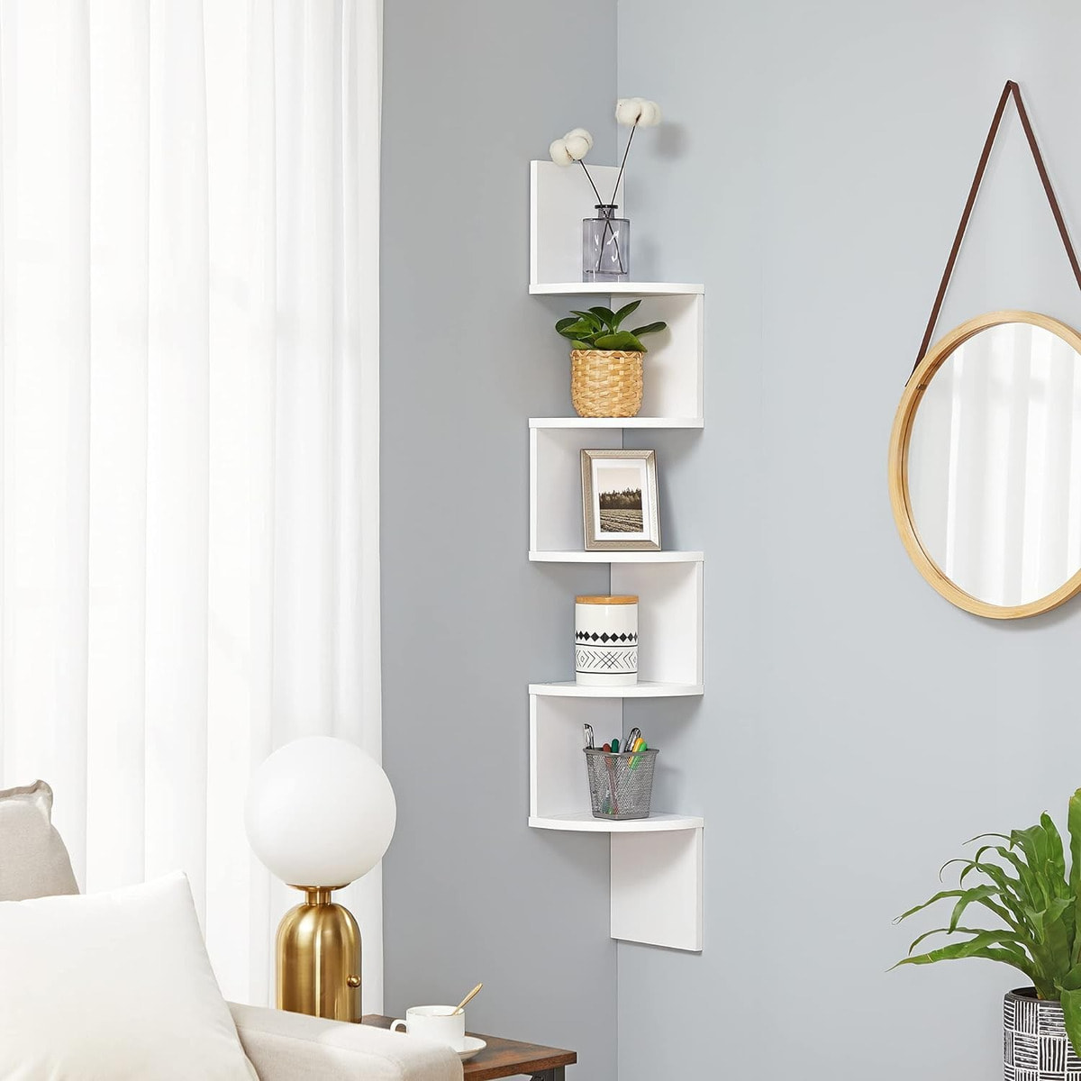 Scaffale angolare a parete bianco con 5 ripiani a zig-zag