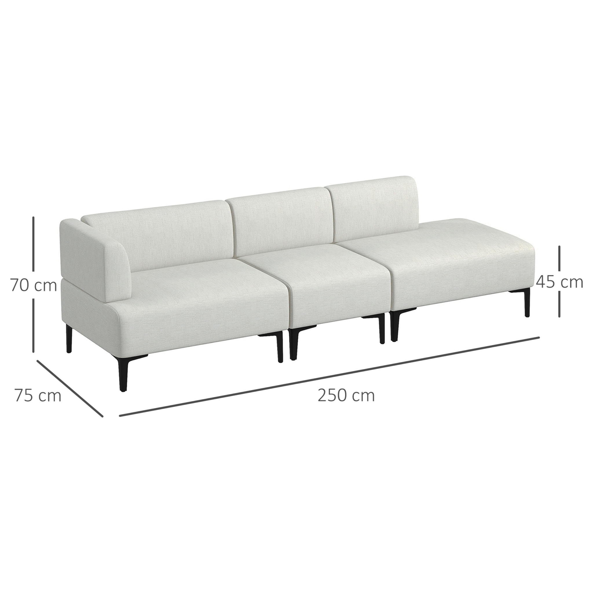 Canapé 3 places design contemporain modulable piètement acier noir tissu aspect lin blanc cassé