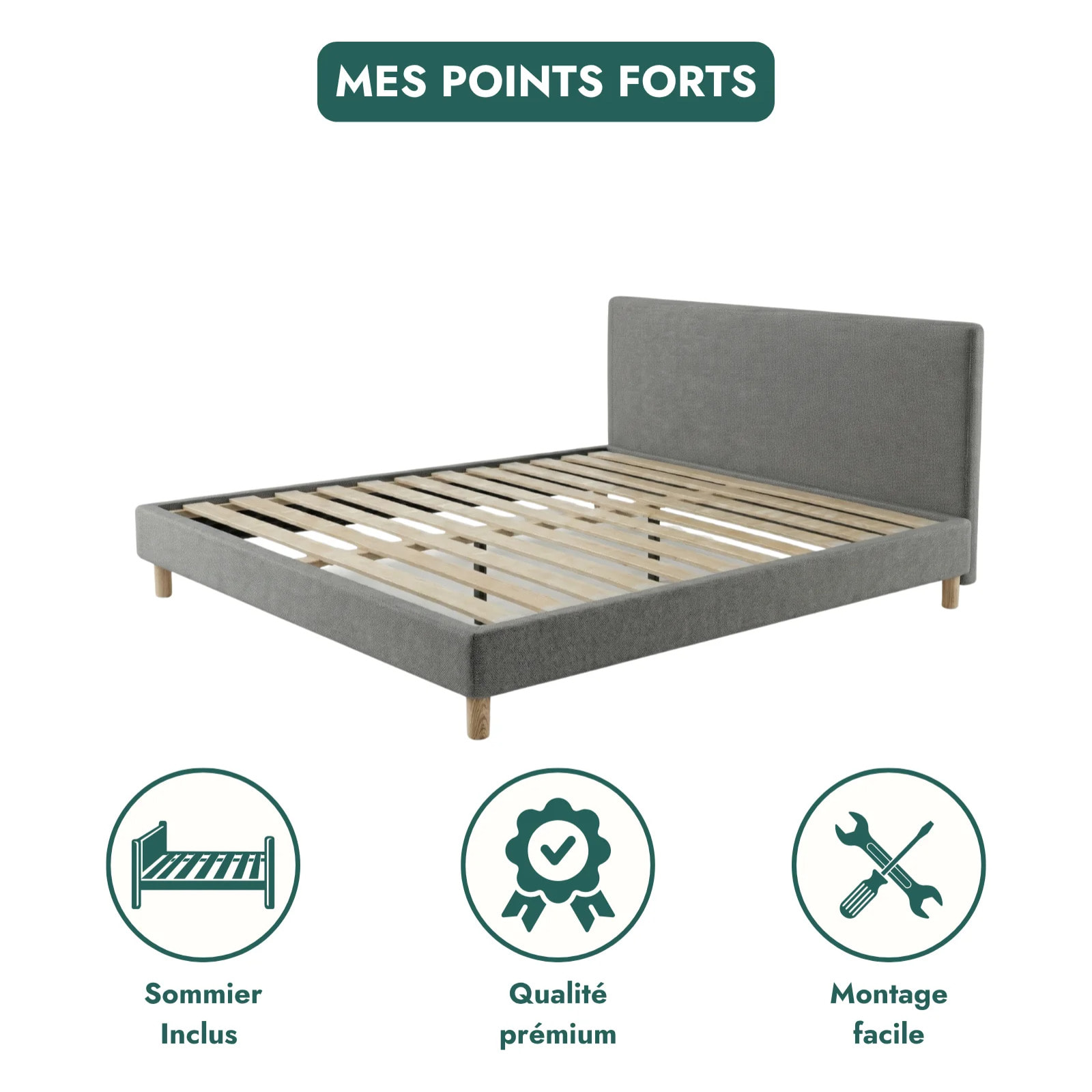 Ensemble matelas Bali & lit fixe Colisée | Mémoire de forme et ressorts ensachés | cadre à lattes | Tissu | Gris clair