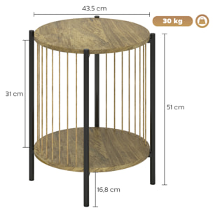 Mesa Auxiliar Redonda de 2 Niveles Mesita Auxiliar Bohemio con Estante y Estructura de Acero para Salón Dormitorio 43,5x43,5x51 cm Natural