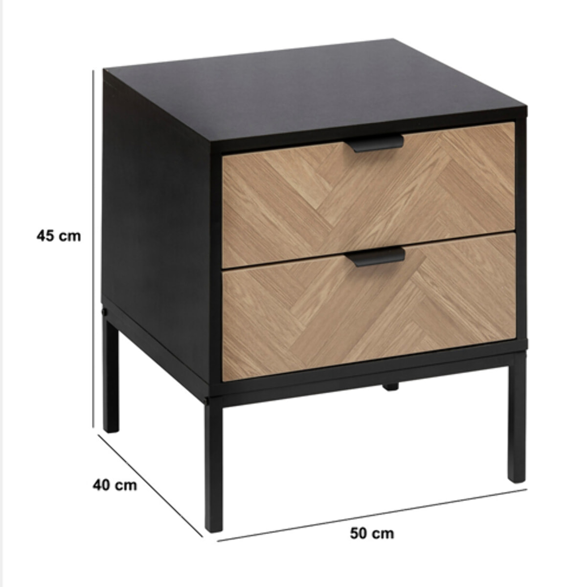 Chevet "Chevrons" 2 tiroirs effet pin naturel et noir 50x45cm