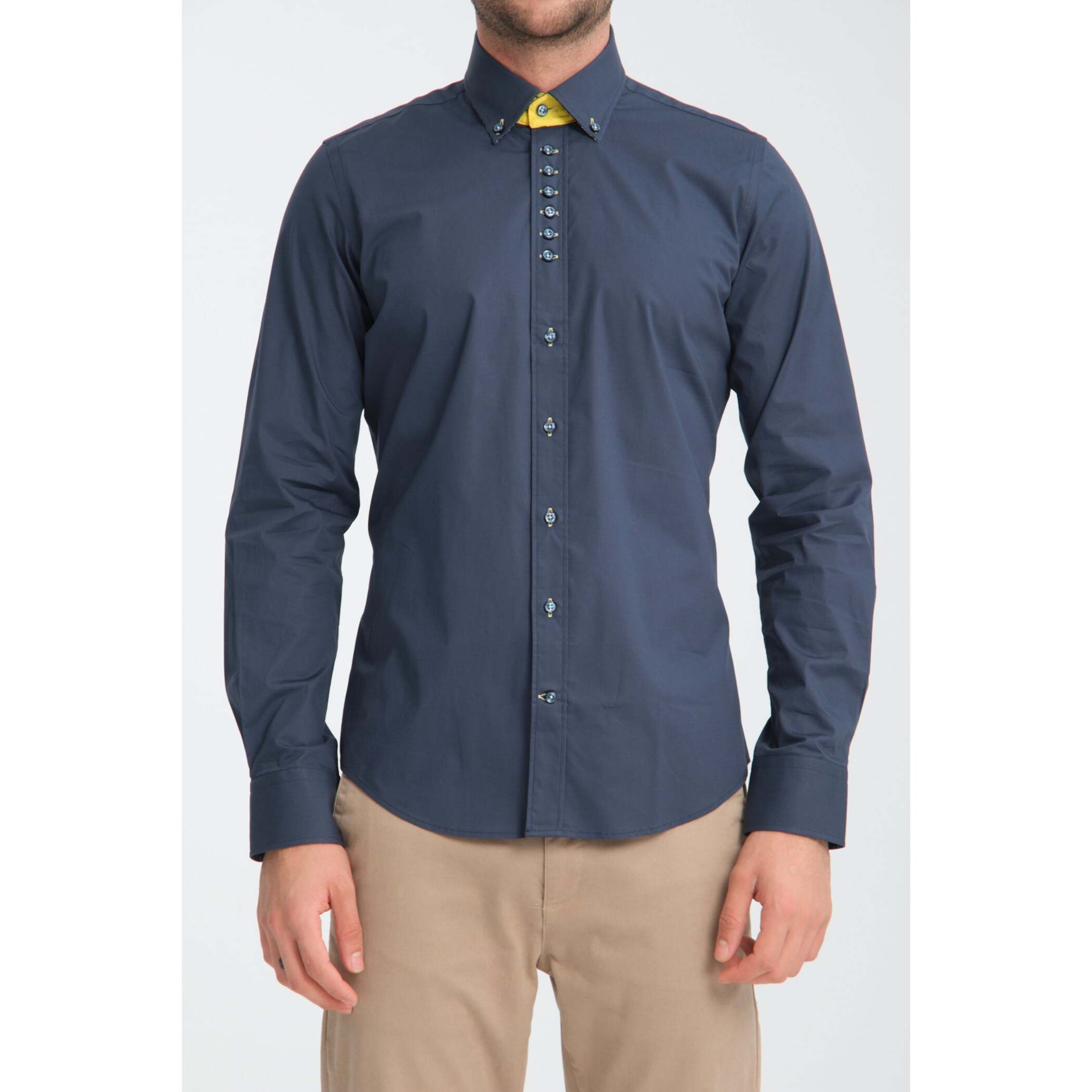 Camicia Uomo 1 Bottoni Button Down Slim Popeline Stretch Unito Blu