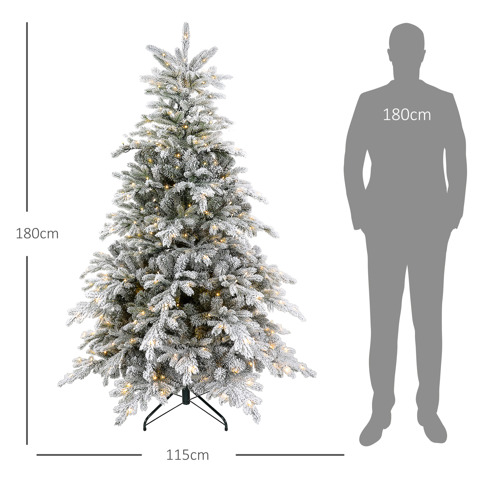 Sapin de Noël artificiel LED H.180 cm - sapin de Noël enneigé - 1321 branches 300 LED blanc chaud