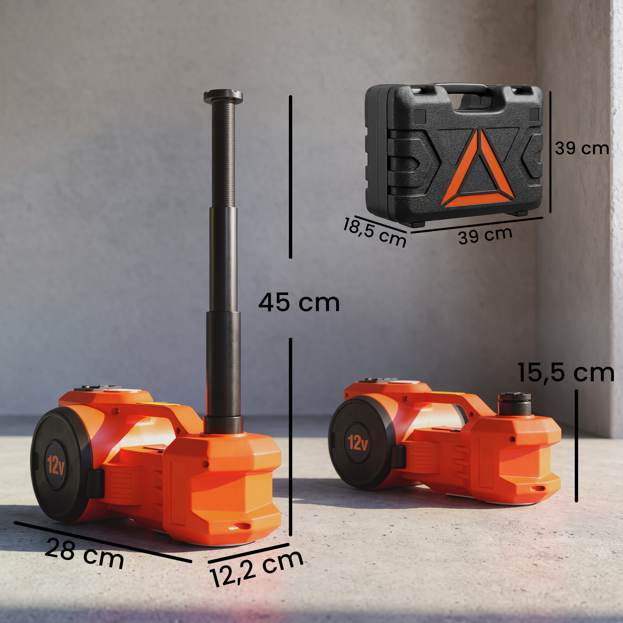 HOMCOM Kit de Gato Hidráulico Eléctrico de 5T 12V, Elevador de Coche Automático 155-450 mm, Gato Elevador con Bomba Aire, Llave Hexagonal, Martillo de Seguridad y Maletín Reflectante para SUV y Sedán