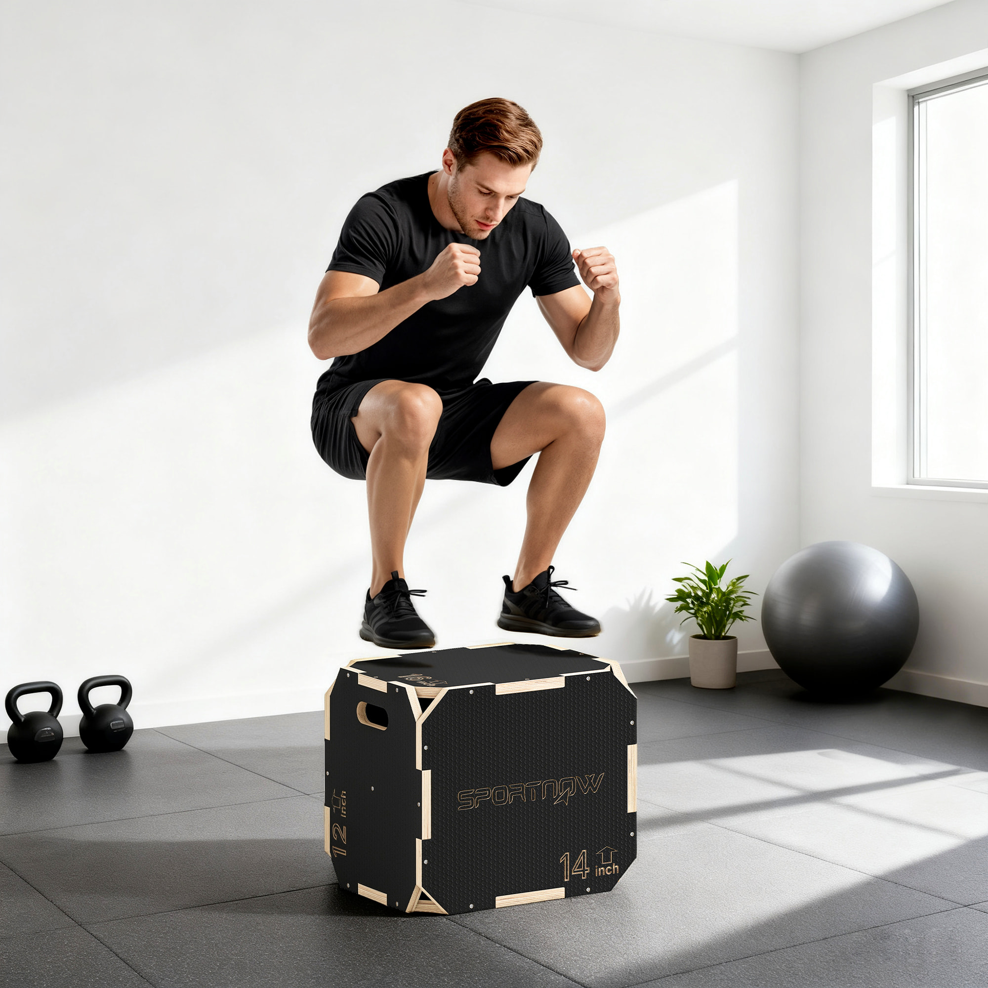 Cajón Pliométrico de Madera 3 en 1, Plataforma de Caja Pliométrica con 3 Alturas Ajustables 41/36/31 cm, Asas, sin Esquinas, Entrenamiento de Salto, Fuerza, para Casa, Gimnasio y Exterior