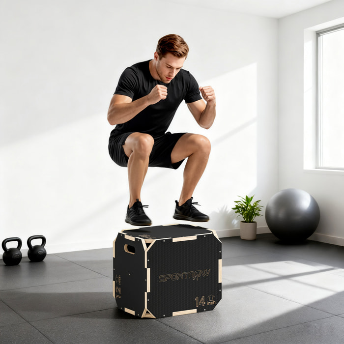 Cajón Pliométrico de Madera 3 en 1, Plataforma de Caja Pliométrica con 3 Alturas Ajustables 41/36/31 cm, Asas, sin Esquinas, Entrenamiento de Salto, Fuerza, para Casa, Gimnasio y Exterior