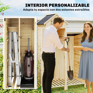 Caseta de Jardín de Madera 106x57x167 cm, Cobertizo Jardín Exterior, Armario para Herramientas con Doble Zona, Puertas, Estantes Desmontables, Techo Asfáltico Impermeable y Ventana, Natural