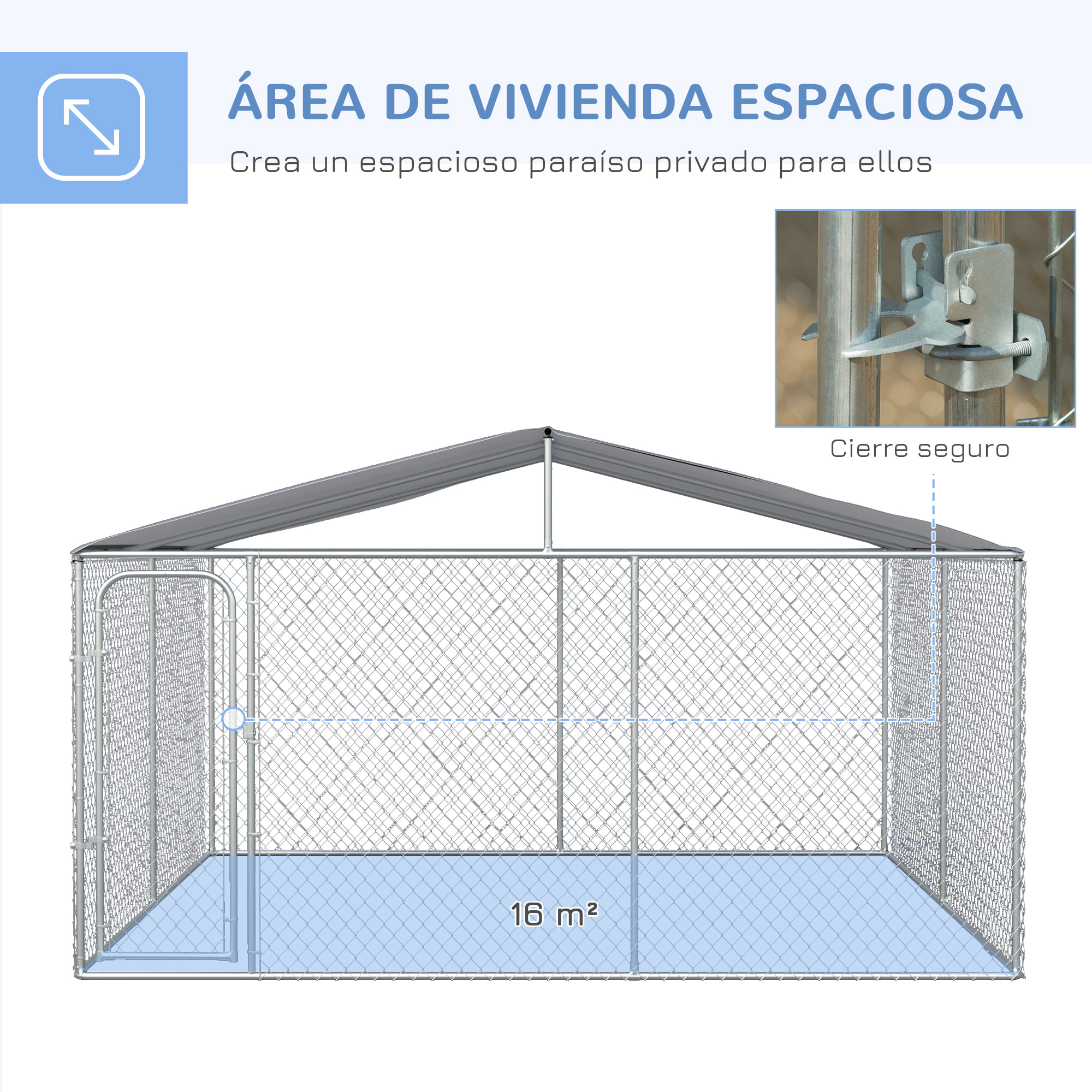 Perrera de Exterior con Toldo Anti-UV Impermeable Parque para Perros con Puerta con Pestillo y Marco de Metal Galvanizado para Patio Jardín Terraza 4x4x2,3 m Plata