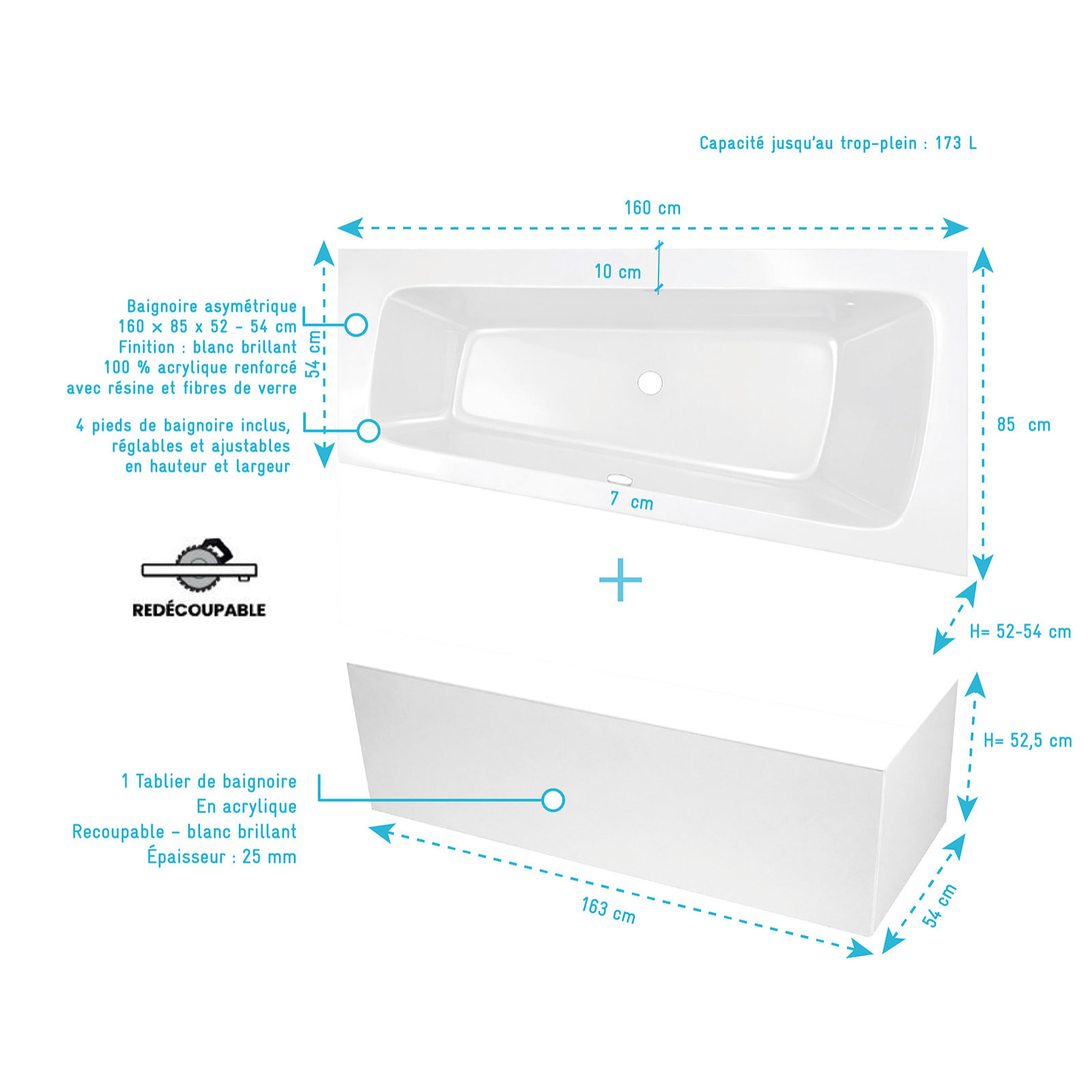 Pack Baignoire Asymétrique Gauche 160x85x54 cm avec Tablier recoupable - Blanc Brillant - MARINA