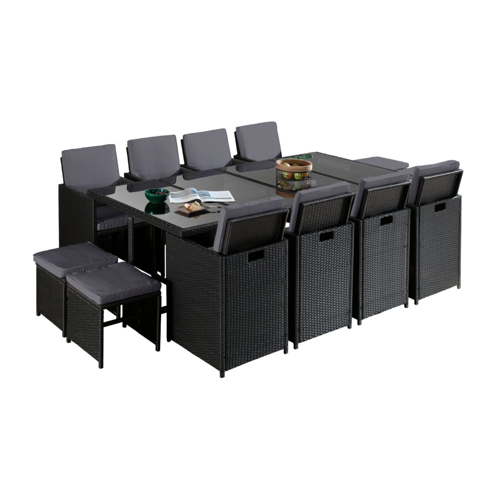 Fira - Salon de jardin encastrable 12 places - en résine tressée - Noir avec coussins gris + housse de protection - Noir / Gris