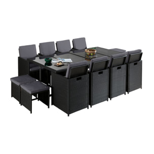 Fira - Salon de jardin encastrable 12 places - en résine tressée - Noir avec coussins gris + housse de protection - Noir / Gris