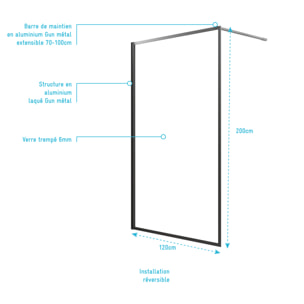 Paroi de Douche 120x200 cm - Cadre et Bras en Aluminium Finition Gun Metal - Verre Trempé 6 mm