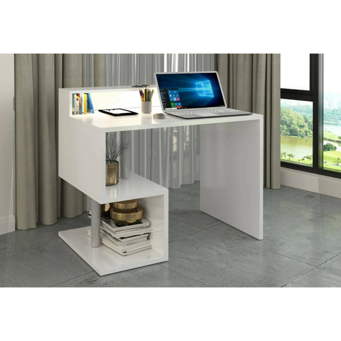 Scrivania Giusy, Scrittoio lineare con ripiani portaoggetti e luci LED, Scrivania ufficio multiuso con sopralzo, 100x50h93 cm, Bianco