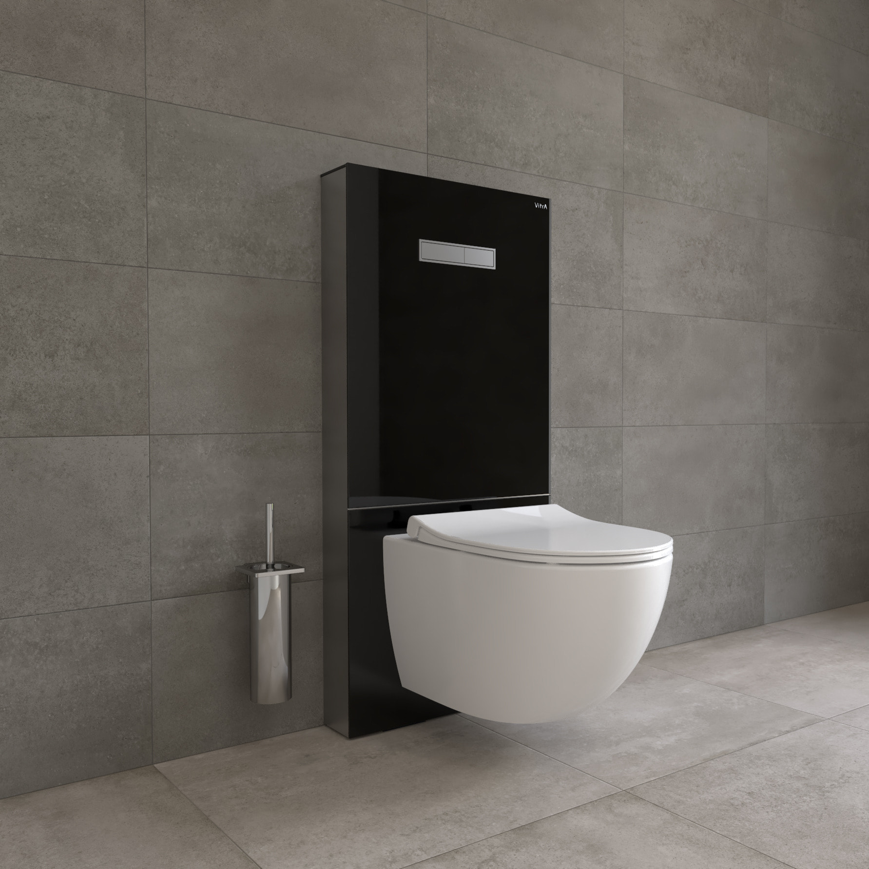 Pack WC Bâti support en verre trempé/aluminium brossé avec plaque intégrée, Noir + WC sans bride Sento + Abattant softclose