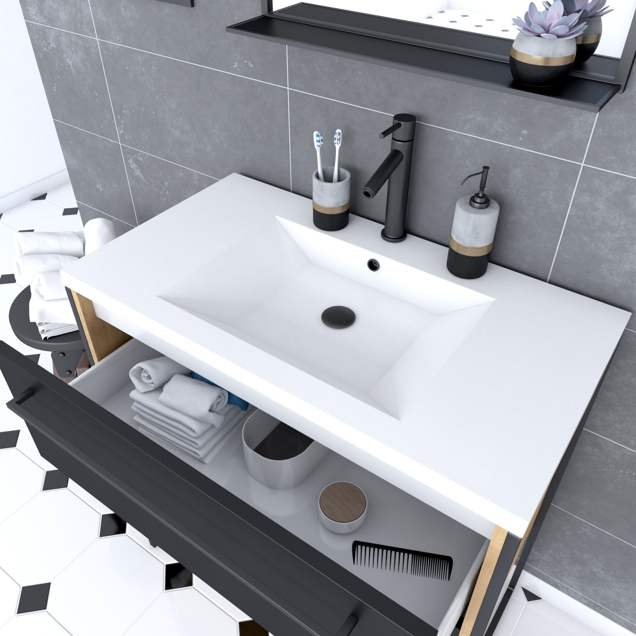 Meuble de salle de bain 80x50cm - vasque blanche 80x50cm - 2 tiroirs noir mat + miroir