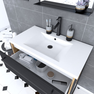 Meuble de salle de bain 80x50cm - vasque blanche 80x50cm - 2 tiroirs noir mat + miroir