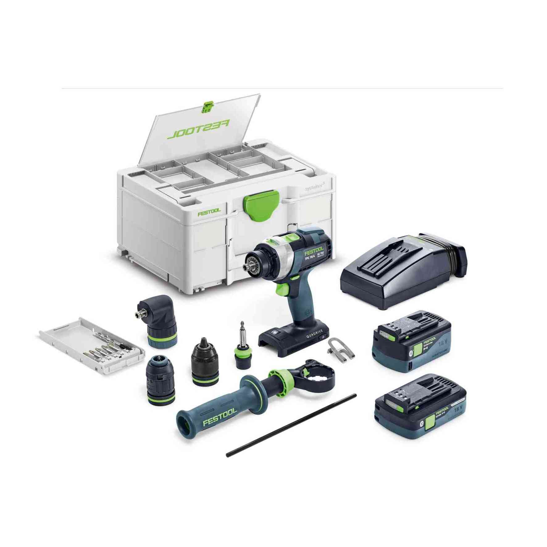 Perceuse-visseuse à percussion sans fil QUADRIVE TPC 18/4 5,0/4,0 I-Set/XL - FESTOOL - avec une batterie 18V 5.0Ah et une 18V 4.0Ah - chargeur - accessoires - Systainer - 577622