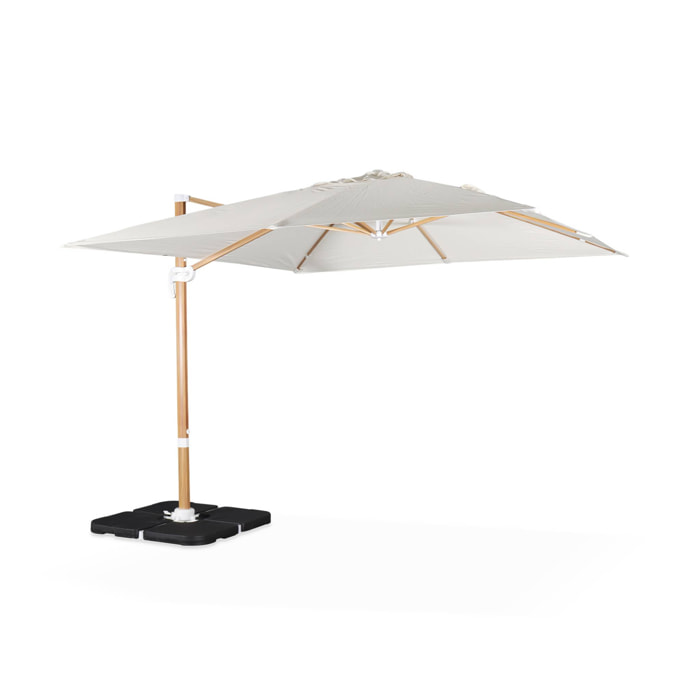 Parasol déporté carré ecru 3x3m structure effet bois + Lot de 4 dalles à lester 50x50cm