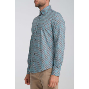 Camicia Uomo 2 Bottoni Button Down Slim Popeline Stretch Stampato Piombo Turchese Chiaro
