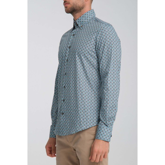 Camicia Uomo 2 Bottoni Button Down Slim Popeline Stretch Stampato Piombo Turchese Chiaro