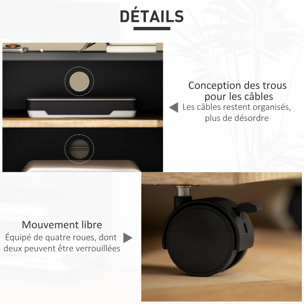 Meuble TV sur roulettes avec 2 freins - 2 niches + placard porte 2 passe-fil - panneaux particules noir chêne clair