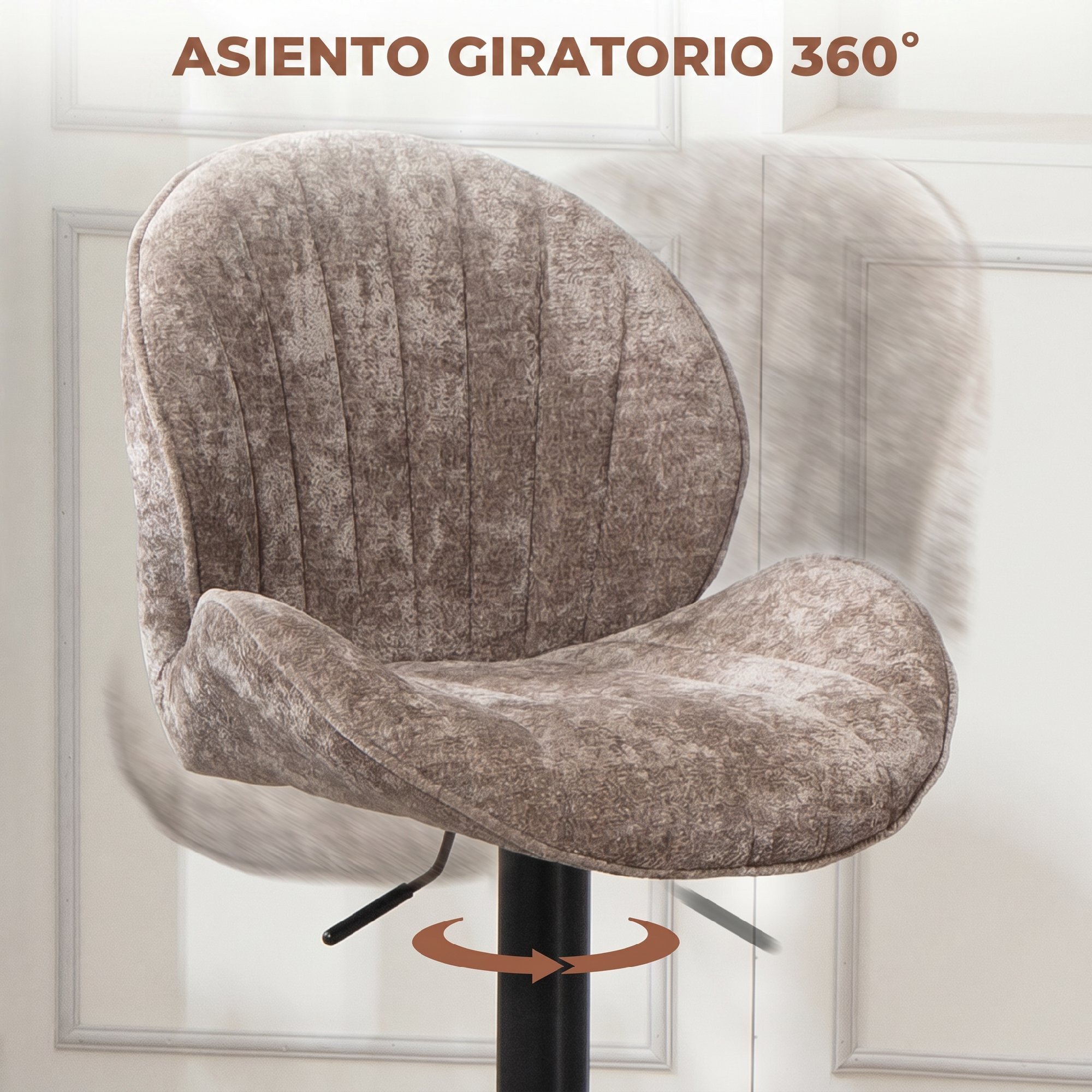 HOMCOM Juego de 2 Taburetes de Bar Giratorios, Taburetes Altos de Cocina con Altura Ajustable 62-83 cm, Sillas Altas de Cocina, Tapizada en Chenilla, Respaldo y Reposapiés, Marco de Acero, Marrón Moca