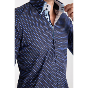 Camicia Uomo 2 Bottoni Button Down 7bottoni Doppio Coll Popeline Stretch Stampato Blu/Turchese