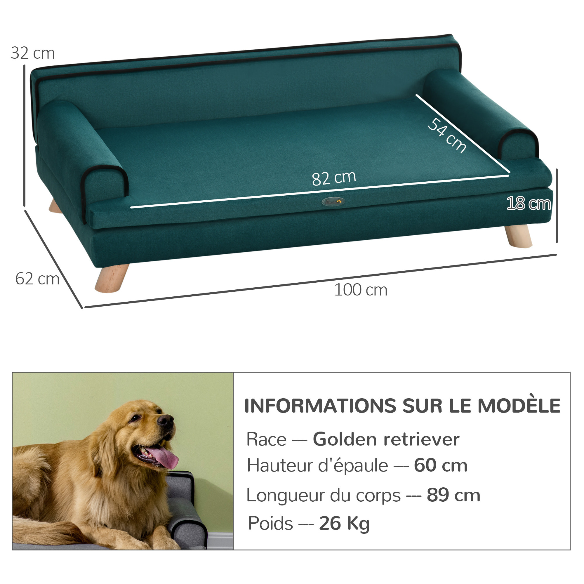 Canapé chien lit pour chien design scandinave coussin moelleux piètement bois dim. 100L x 62l x 32H cm polyester bleu canard