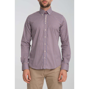 Camicia Uomo 1 Bottoni Button Down Slim Popeline Stretch Stampato Viola Melanzana/Bianco