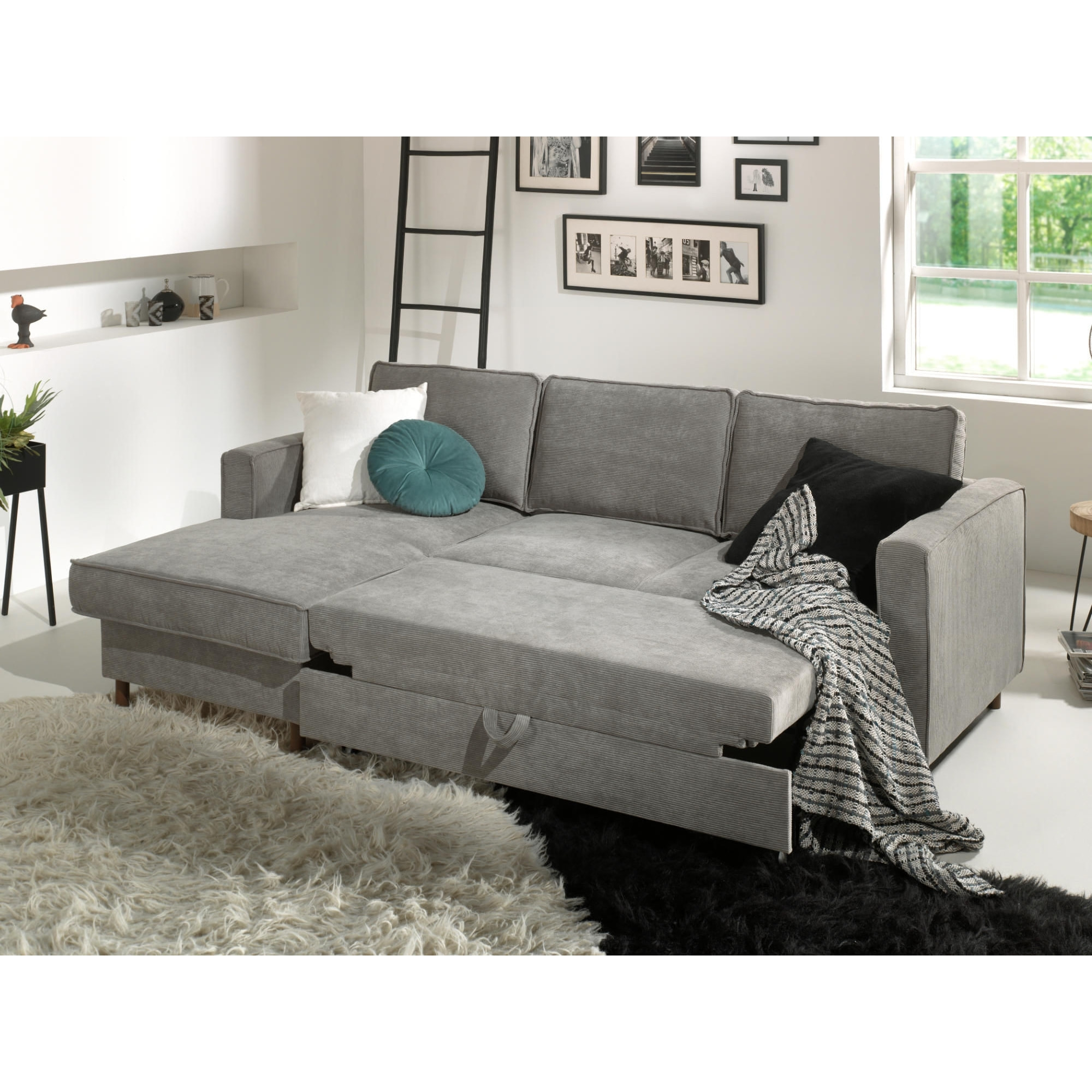 Jake - canapé d'angle gauche - convertible avec coffre - 4 places - en velours côtelé - Gris clair