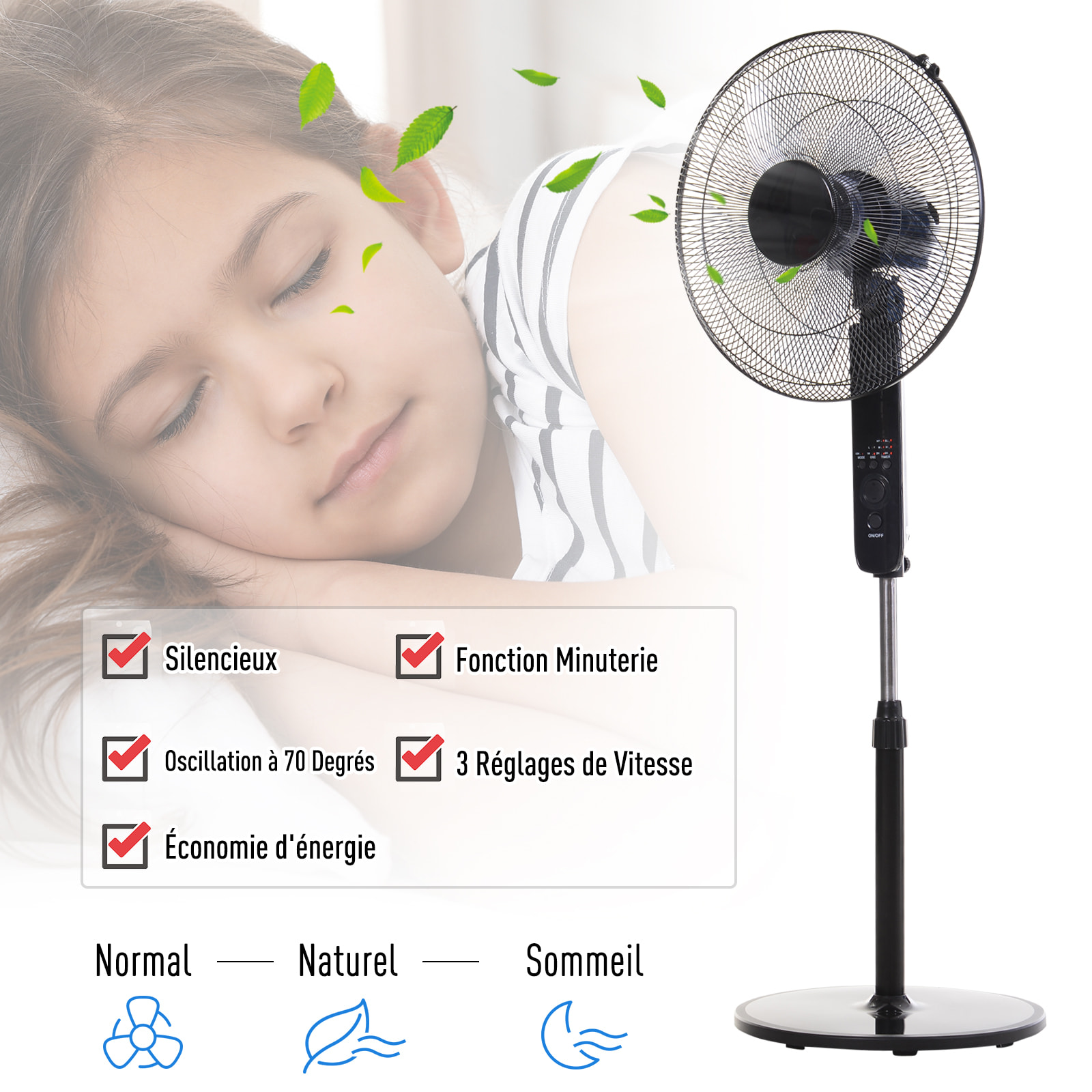 Ventilateur sur pied Ø 44 cm hauteur réglable oscillant silencieux 45 W avec télécommande minuterie 3 modes 3 vitesses noir